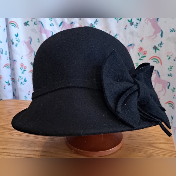 Vintage Black Wool Felt Soft Comfy Casual Warm Winter Bonnet Bucket Hat w/ Bow main image 4